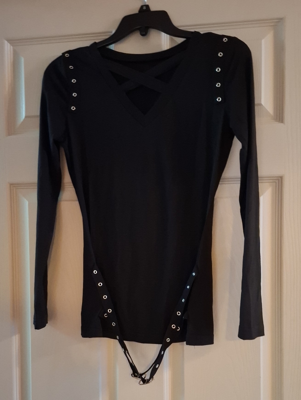 Black Long-Sleeve Crisscross V-Neck Top with Grommet Details